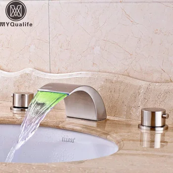 

LED Light Waterfall Basin Faucet Widespread Tub Sink Mixer Taps Brushed Nickel Washing Basin Mixer Tap Dual Handle Hot Cold Tap