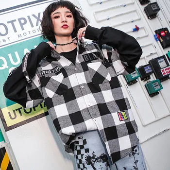 

#5518 2019 Spring False Two Piece Plaid Shirt Women Long Sleeve Loose Plus Size Harajuku Streetwear Hip Hop Shirt With Ribbons