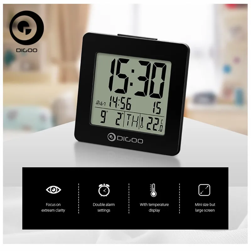 Digoo DG-C2, домашний комфорт, цифровой ЖК-термометр с подсветкой, Настольный будильник, черный, цифровой, синий, подсветка, Настольный будильник