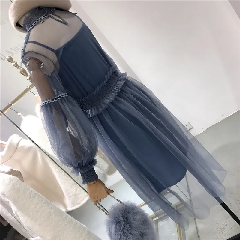 ربيع جديد الدانتيل فستان طويل فانوس كم عالية الخصر ضئيلة منظور الشاش المرأة مثير Vestidos حزب اللباس
