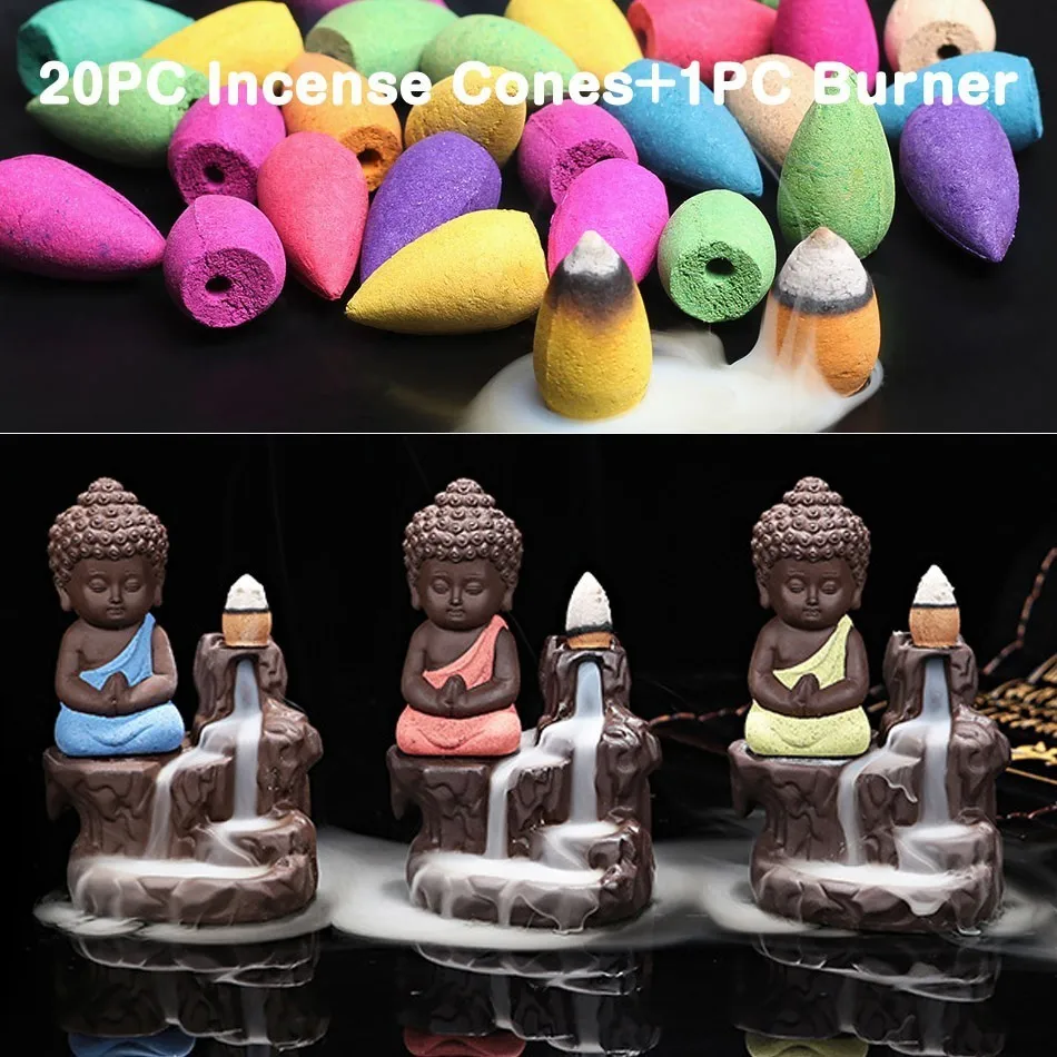 

20pc Incense Cones + Burner Creative Home Decor The Little Monk Small Buddha Censer Backflow Incense Burner Use In Home Teahouse
