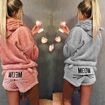 

Warm Autumn Winter Fashion Womens Ladies Fleece Pajama Sets Long Sleeve Girls Hooded Pullover Sleepwear Lovely Nightwear Suits