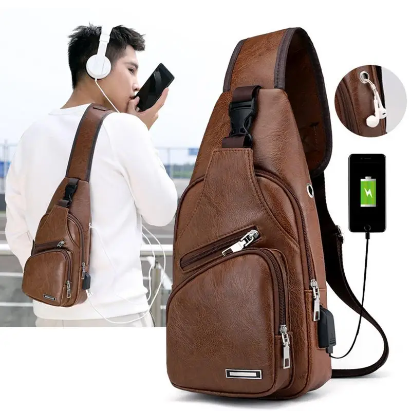 

Men Casual Chest Shoulder Bag PU Vintage Headphone Jack Design Anti-Theft Buckle Purse Messenger Crossbody Hand Bags For Male