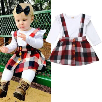 

Baby Kids Long Sleeve White T-Shirt Tops+Red Black Plaids Skirts Overalls 2pcs Outfits Baby Girls Boys Toddler Clothes Set 2019
