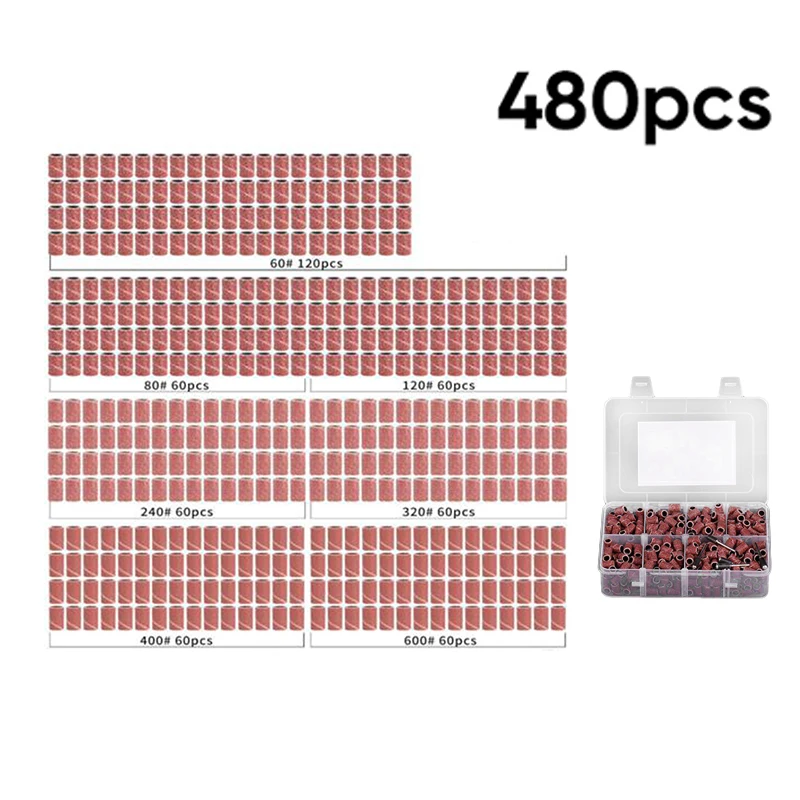 

480x 1/4'' Rotary Sanding Band Drums Sleeves 60-600 Mix Grit & 5x Mandrel with Box