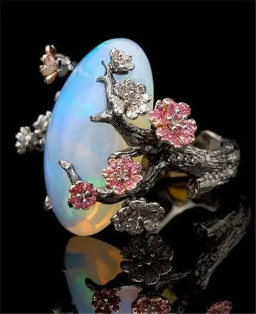 

Retro plum blossom women's ring beautiful atmosphere black gold color separation ring wedding semi precious stone plum blossom