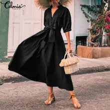 Элегантное летнее платье с поясом, женское длинное Сексуальное Платье макси с v-образным вырезом и пуговицами, повседневные однотонные плиссированные вечерние платья размера плюс