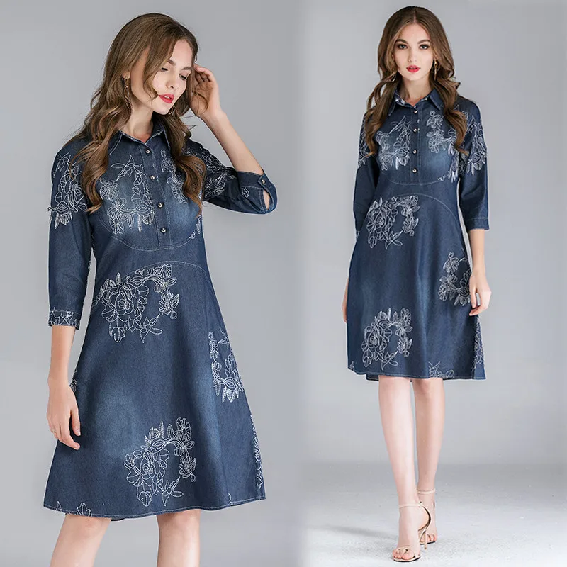 

2019 spring women's large size retro flowers embroidery denim dress female plus size denim dress 5xl