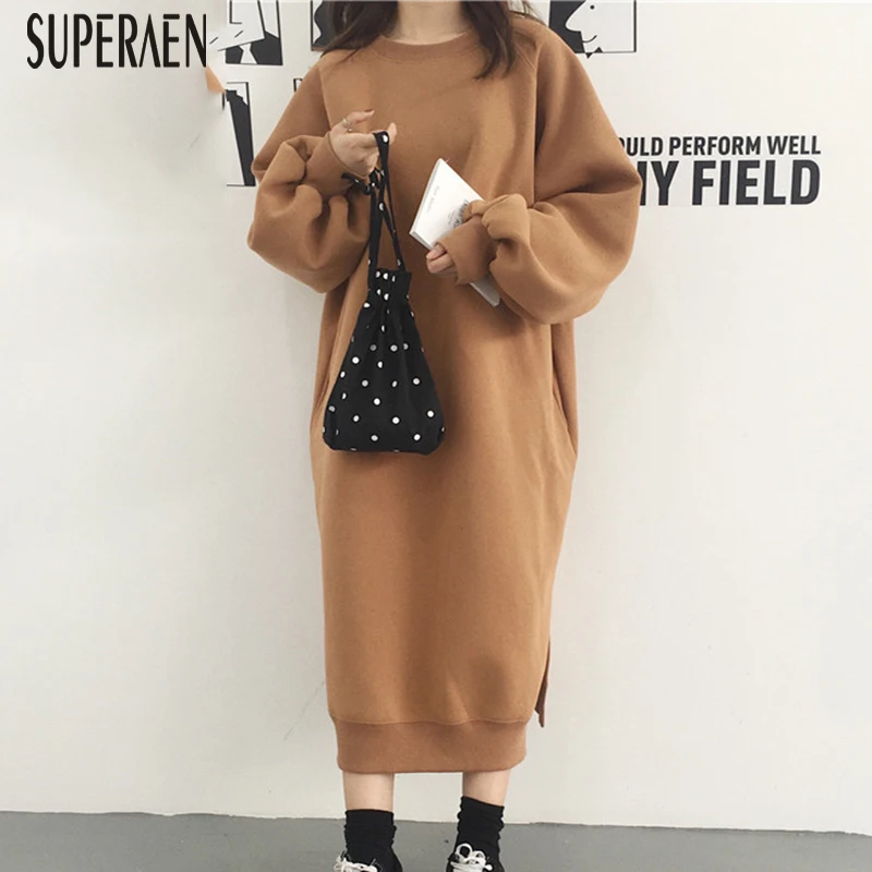 SuperAen бархат отделяющийся капюшон дикий для женщин длинные кофты одноцветное цвет хлопок модные повседневное дамы кофты Весна Новый 2019