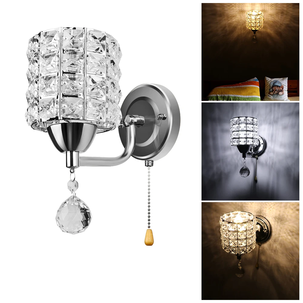 

LemonBest Modern Style Wall Light Cylinder Crystal Holder with Pendant and Pull Switch AC 85-250V E14 Socket Wall Lamp