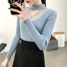 Korean Spring Autumn Sexy V-neck Knited Pullovers Sweaters Casual Lace Patchwork Long Sleeve Elasticity Slim-fit Tight Sweater Korean Spring Autumn Sexy V-neck Knited Pullovers Sweaters Casual Lace Patchwork Long Sleeve Elasticity Slim-fit Tight Sweater