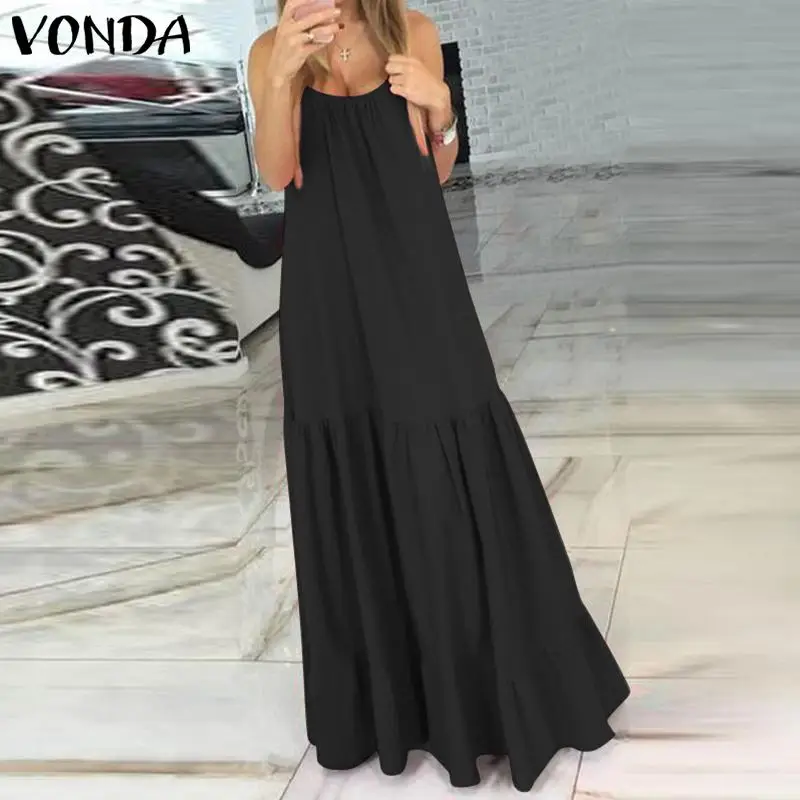

Bohemian Women Dress 2019 VONDA Summer Sexy Sleeveless Spaghetti Strap Ruffle Swing Dresses Female Maxi Long Vestidos Plus Size