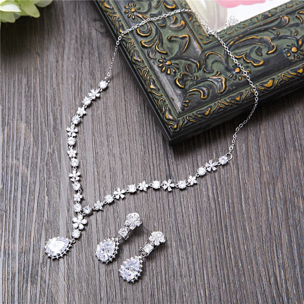 

Gorgeous Cubic Zirconia Jewelry Set AAA Clear Zircon Stone Women Necklace Statement Drop Earrings Bijoux Gift Wedding Party New