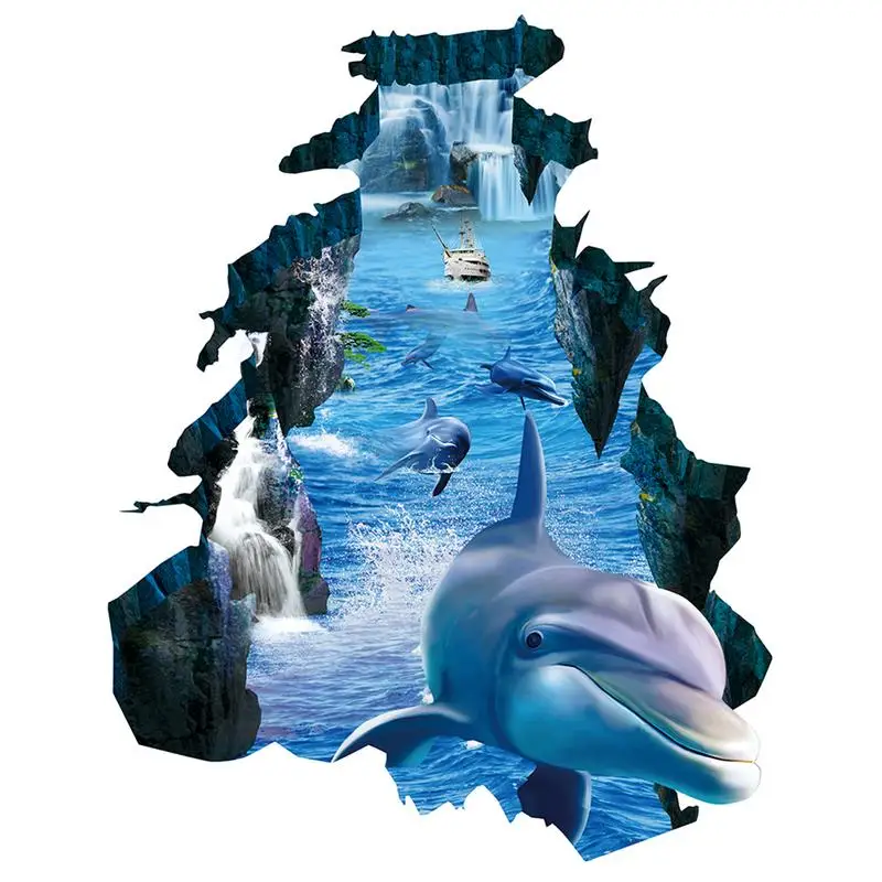 

New 3D wall stickers dolphin broken wall visual environmental protection waterproof non-slip living room bedroom floor stickers