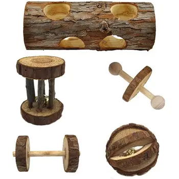 

5 Pcs Wooden Natural Playing Chewing Toys For Small Animal Hamster Gerbil Mouse - Tunnel, Ball, Bell Roller, Dumbbell, Unicycl