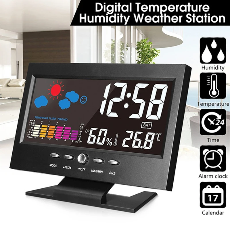  Electronic Digital LCD desk clock Weather Alarm Clock Display Temperature Humidity Indoor Thermomet
