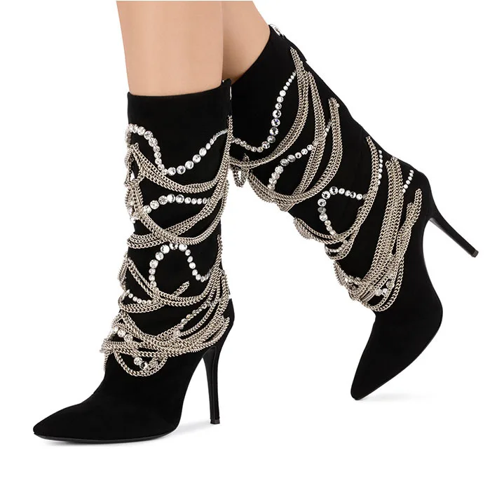 

zapatos de mujer 2018 Shoes Woman Mid-Calf Boots Leather Boots High Thin Heels Pointed Toes Matal Decor Boots Chain Shoes Woman