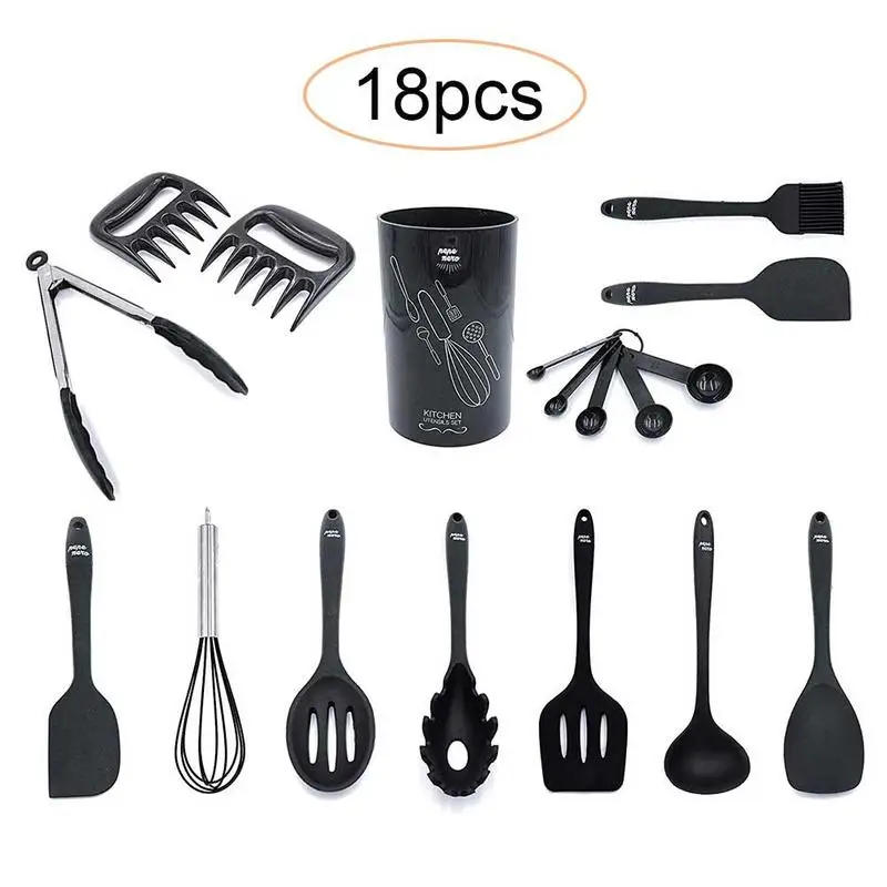 

Kitchen Utensil Set With Holder 18 Pcs Silicone Cooking Kit Kitchenware with Bear Claw Measuring Spoon Set