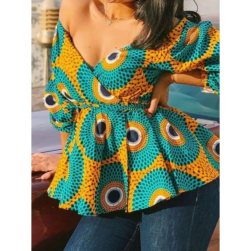 

Off Shoulder Blouse Women Stylish Print Sexy Deep V Beach Travel Boho Chic Summer Tops Ruffle Slim Holiday Casual Blouses Female
