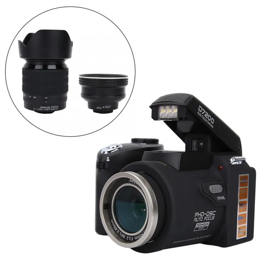 D7200 33MP cámara Digital DSLR 0.5X lente de gran angular + 24X teleobjetivo lente + luz LED LCD TFT de 3,0\
