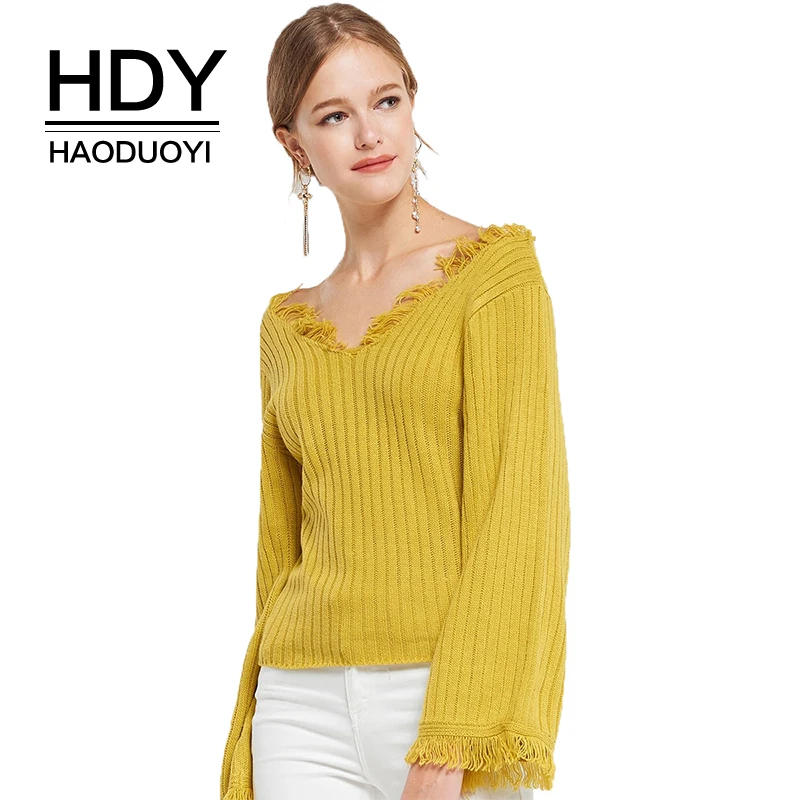 HDY haoduoyi Slim-fit Version Of The Old Raw Trumpet Sleeves Slim V-neck Casual Long-sleeved Women's Sweater | Женская одежда