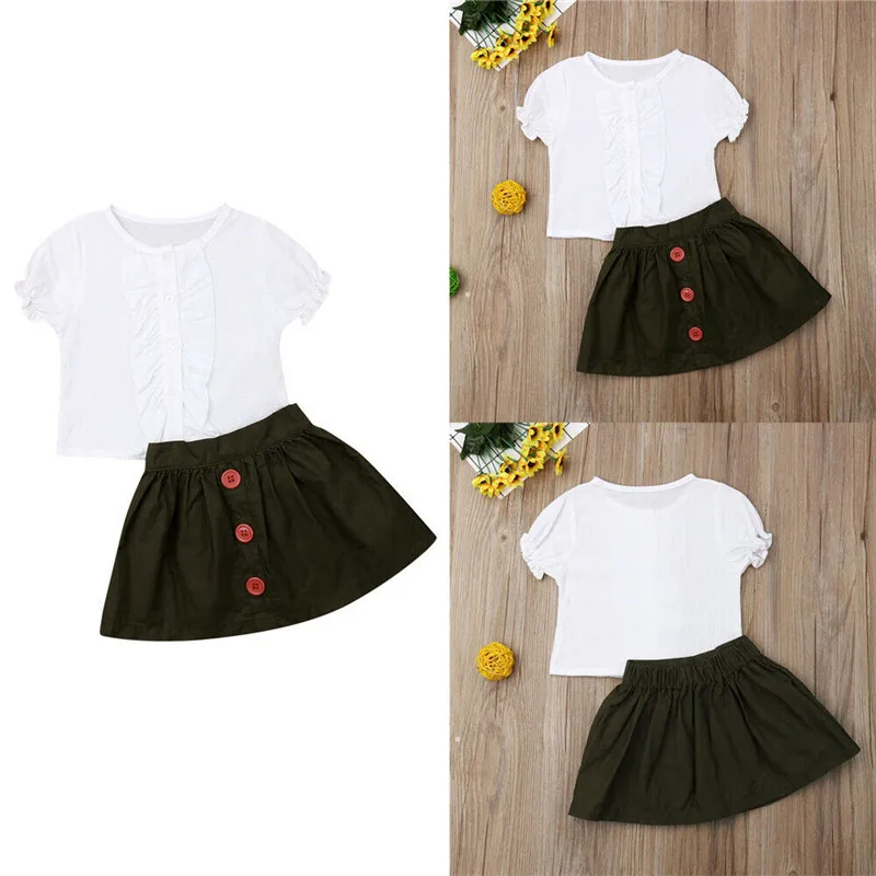PUDCOCO Pretty Toddler Baby Girl Solid Ruffle Short Sleeves Top+Simple Skirt Single Row Button Outfits Casual Clothing Sets 0-4T | Детская