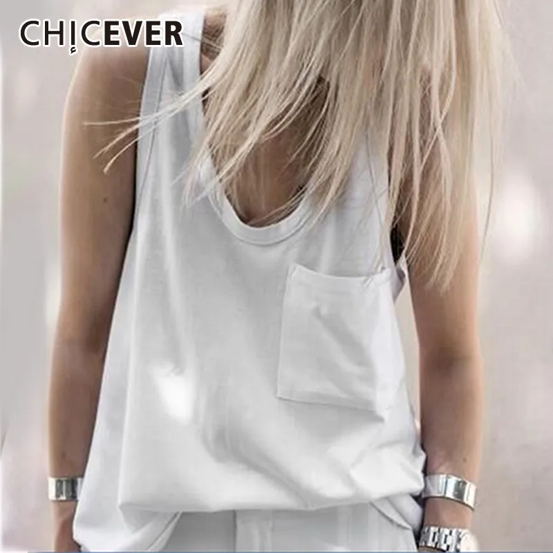 

CHICEVER Spring V Neck Vest Top For Women Patchwork Pocket Loose Slim Female Tank Vests 2019 Fashion Casual Clothing