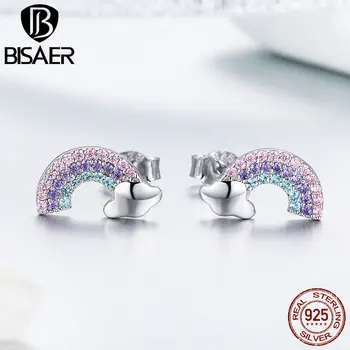 

BISAER High Quality 925 Sterling Silver Popular Rainbow CZ Stud Earring Making Fashion Jewelry Gift Engagement Wedding HSE578