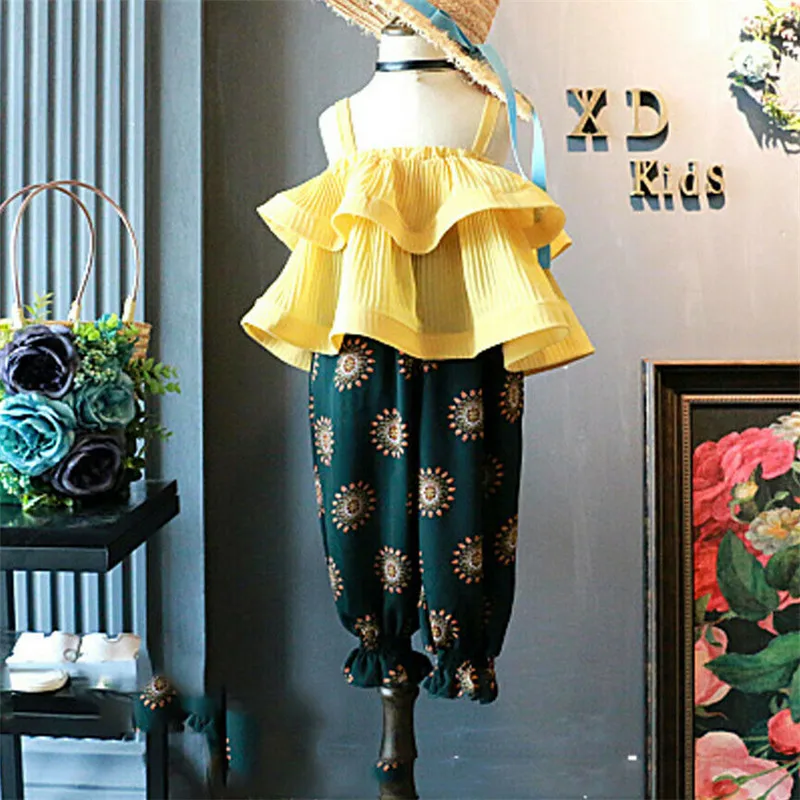 

2Pcs Summer Clothes For Girls 2019 Toddler Kids Baby Girl Boho Sling Sleeveless Ruffles Tops Printed Long Pants Outfits Clothes