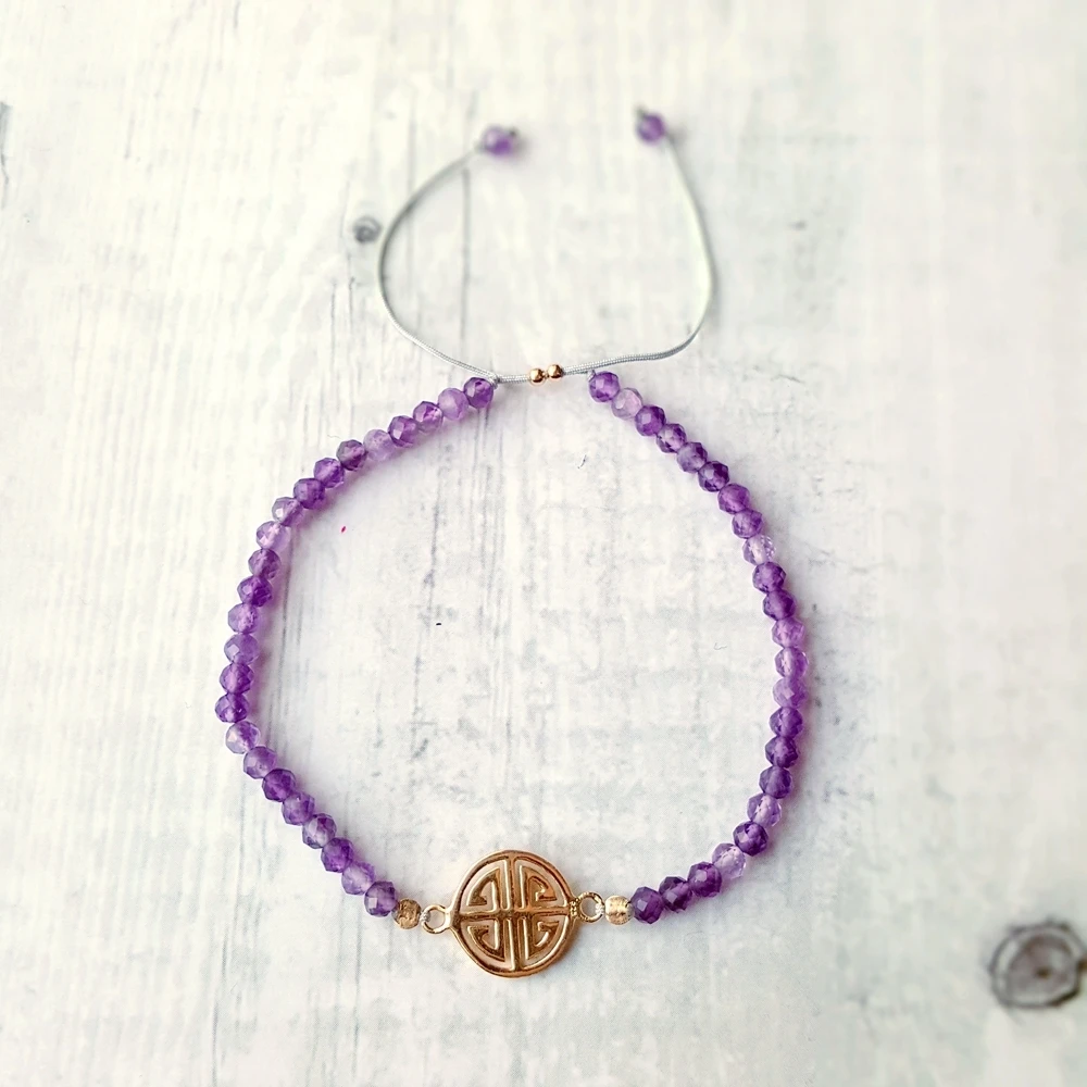 

Ji S925 Longevity Amethysts Bracelet Natural Stone 925 Sterling Silver Charm Adjustable Bracelet Handmade Jewelry For Friends