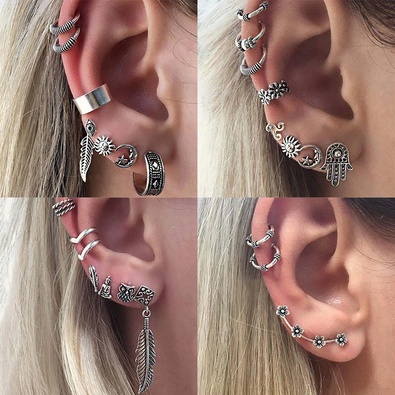 

New Punk Feather Leaf Owl Silver Color Earring Sets For Women Earrings Ear Clip Stud Bohemia Earrings Drop Shipping
