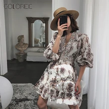 Пляжное платье для отдыха, женское винтажное платье с v-образным вырезом и рукавом-фонариком, повседневное летнее платье в стиле бохо