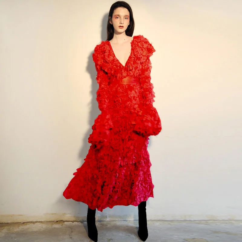 

solid red / pink flouncing raw ruffle elegant dress for special occasions fashion women clothes v neck belt long sleeve dress
