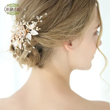 

Luxury Gold Color Wedding Hair Accessories Handmade Pearl Hair Jewelry Metal Flower Hair Comb Headpiece For Women OrnamentsS8148