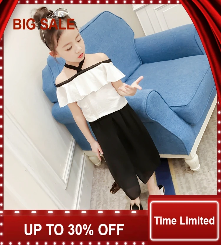 

Summer New Fashion Girls Clothing Sets Kids Ladies Bow Lace Sleeveless Shirt + pant Suit Clothes
