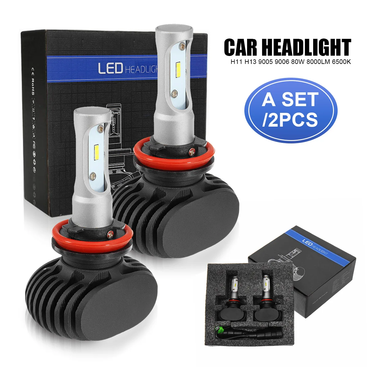 

2Pcs LED Auto Fog Lamp Car Headlight Bulb H1 H4 H7 H11 9005 9006 80W 8000LM 6500K White LED Headlamp Bulb