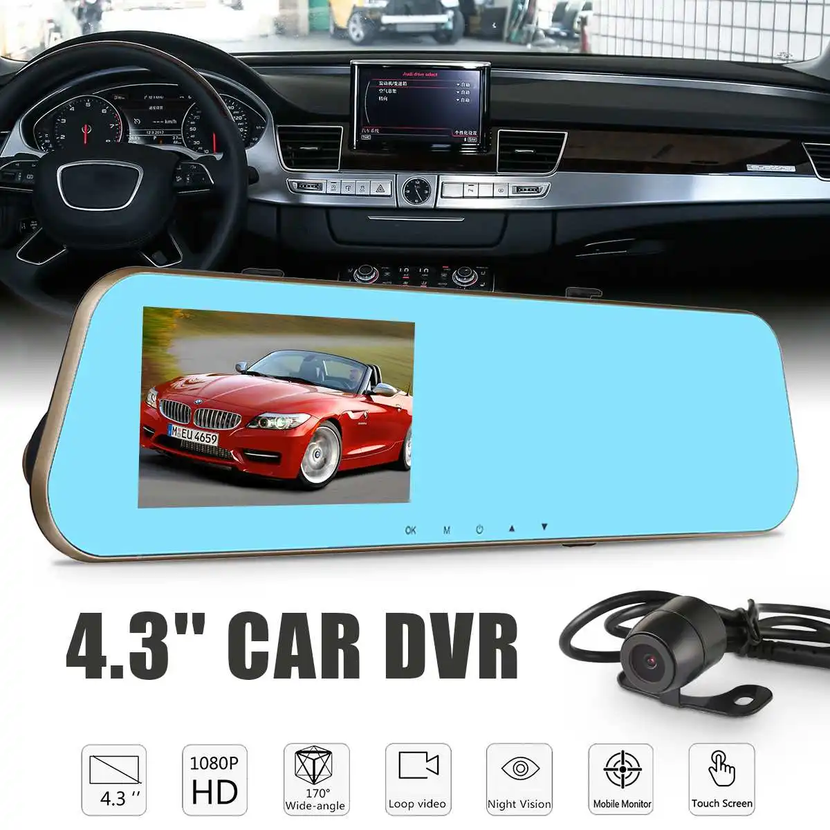 

Full HD 1080P Car Dvr Dash Camera Auto 4.3 Inch Rearview Mirror Digital Video Recorder Dual Lens Registratory Camcorder