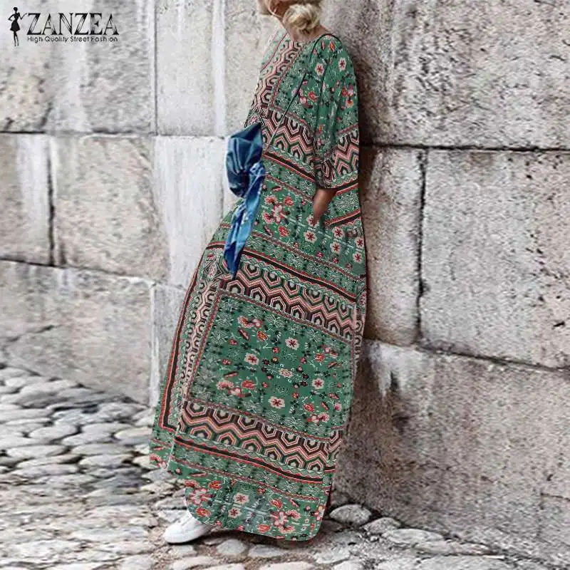 ZANZEA البوهيمي ماكسي فستان طويل المرأة فستان الشمس 2019 الصيف خمر الشاطئ Vestidos عارضة فام حزب القطن فستان من الكتان موهير
