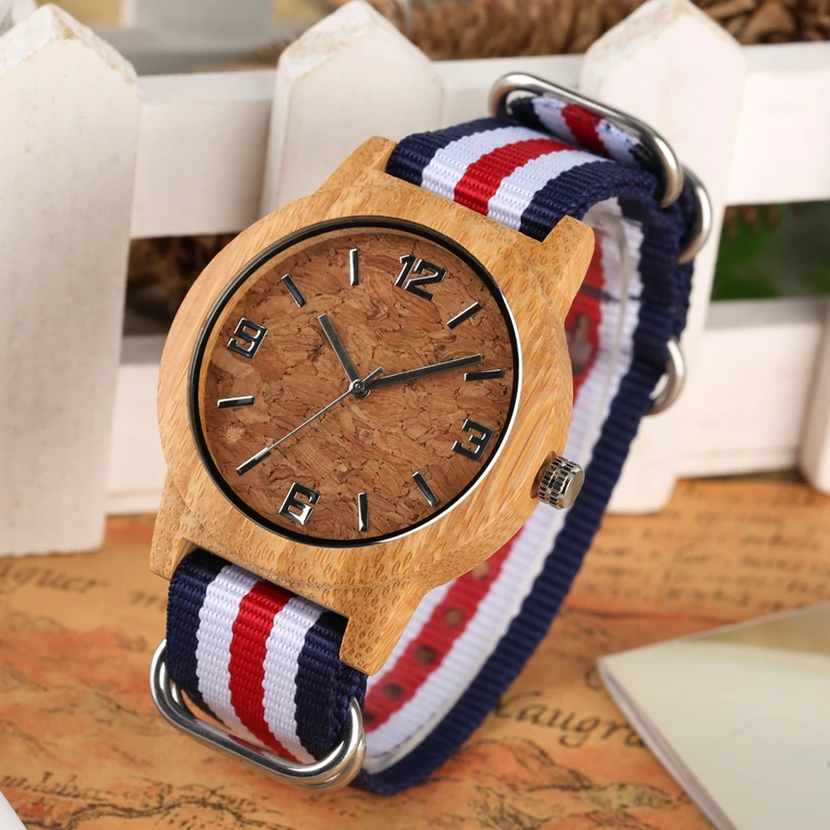 Retro Cork Slag Design Wood Watch Men Clock Women Quartz with Fashion Fabric Nylon Canvas Wrist 3