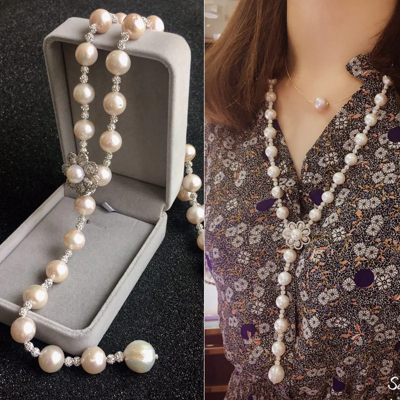 

Edison Natural Pearl Dashed Diamond Beads Long Fund Sweater Chain Grace Flower Necklace Ornaments