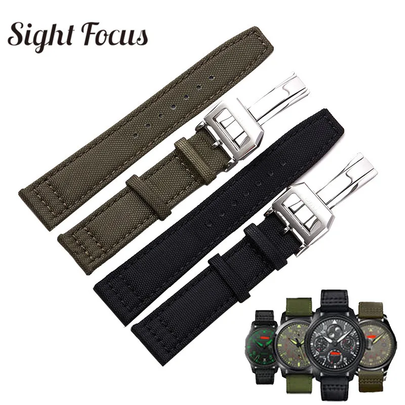 

20mm 21mm 22mm Nylon Canvas Fabric Watch Band for IWC PORTUGIESER Strap w Deployment Clasp Green Black Wrist Bracelet Watch Belt