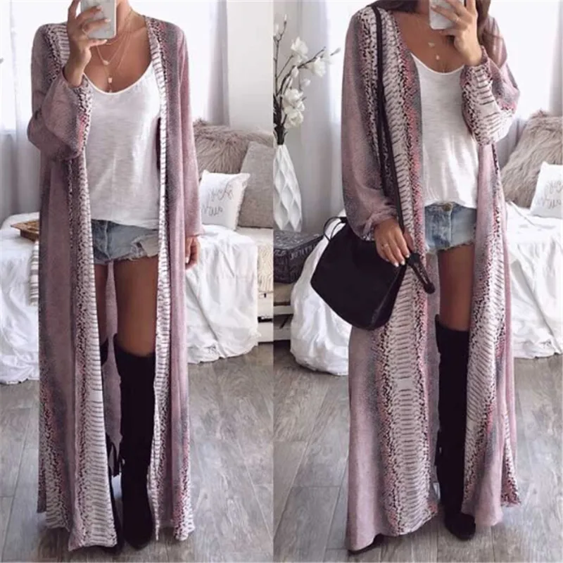 

Trendy Women clothes Long Sleeve Snake print Cardigan Loose Outwear casual Chiffon Coat one pieces