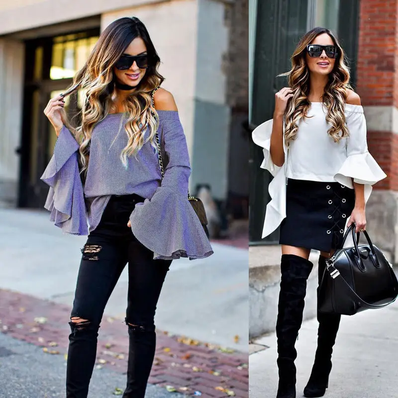 

White Off Shoulder Ruffle Blouses Summer Style 2017 Autumn Women's Shirts Casual Boat Neck Loose Blouse