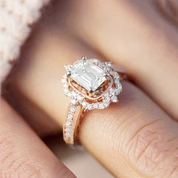 

1PC Rose Golden Silver Party Crystal Princess Wedding Bride Gifts Square Zircon Ring Valentines Gift Size 5 6 7 8 9 10 11 12