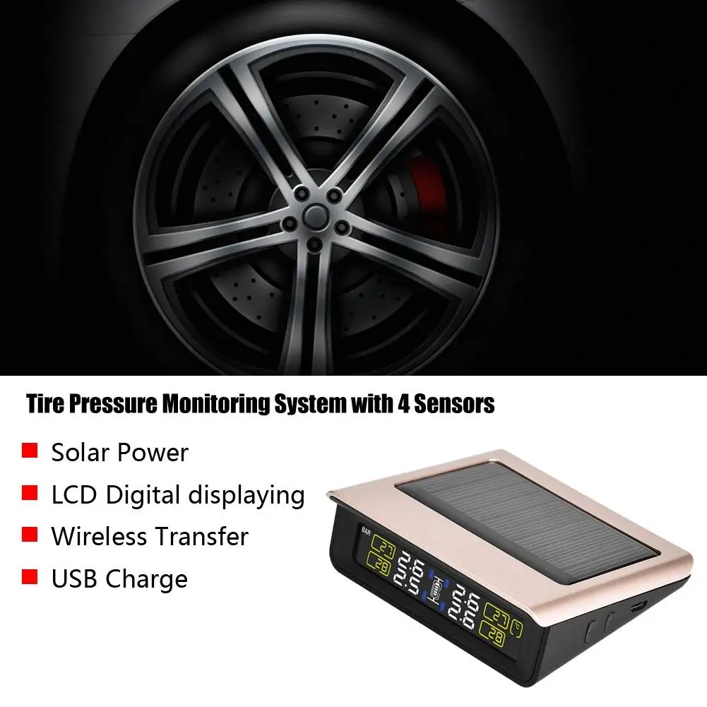 

Universal Wireless Solar TPMS Tire Pressure Monitoring System LCD Monitor with 4 Internal Sensors LCD digital displaying