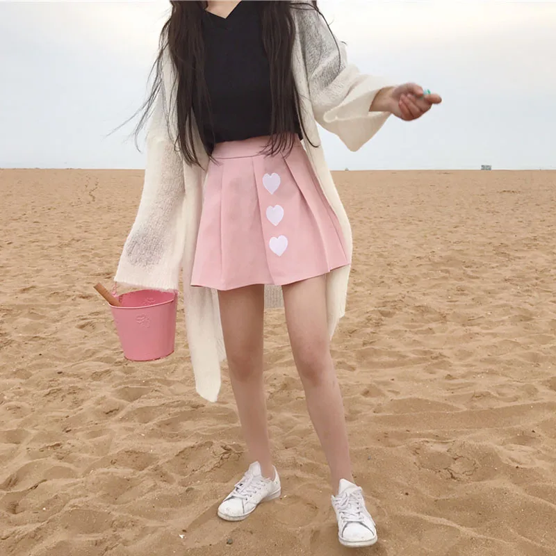 Милые красивые милые новые ulzzang корейская мода женская одежда хипстер Harajuku любовь вышивка Принт Свободные империя плиссированные юбки