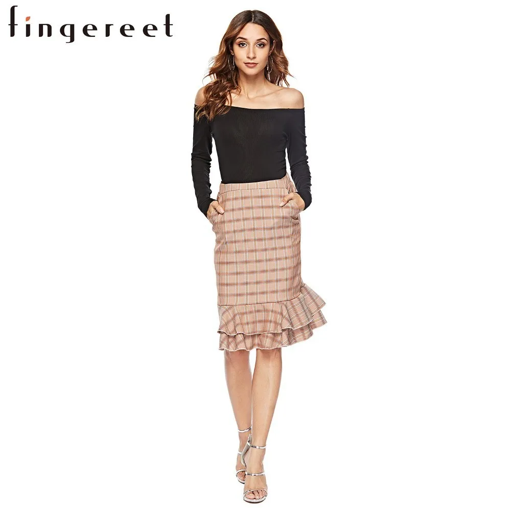 Autumn And Winter New Large Size Women's Stretch High Waist Plaid Ruffled Slim Slimming Skirt