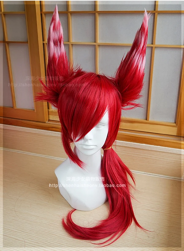 

LOL Xayah Cosplay Wigs New 136th Champion Red White Ponytail Ears