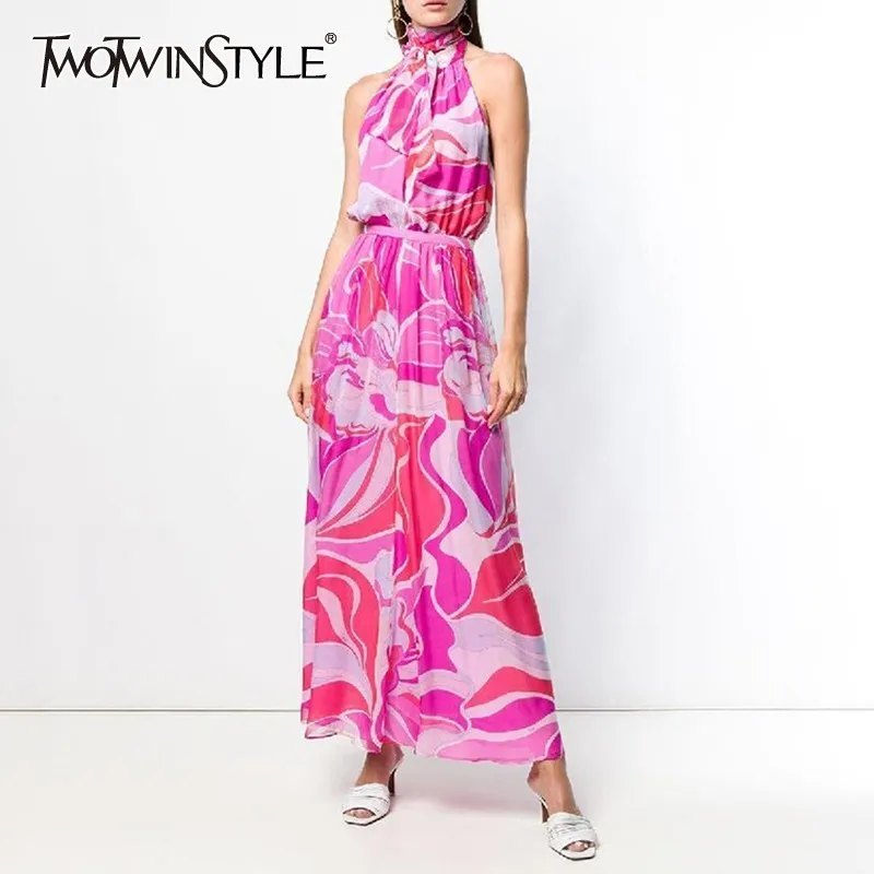 

TWOTWINSTYLE Summer Print Women Dress Off Shoulder Sleeveless Halter High Waist Hit Color Ankle Length Beach Dresses Female 2019