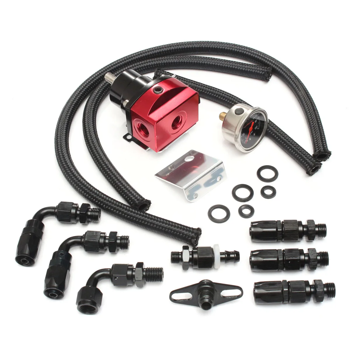 

1Set Universal Adjustable Fuel Pressure Regulator 100psi Gauge + AN6 Oil Hose End Fittings Kit